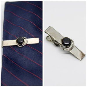 Vintage Silver & Black Circle Cabachon Rectangle Tie Clip VTG Father's Day Gift